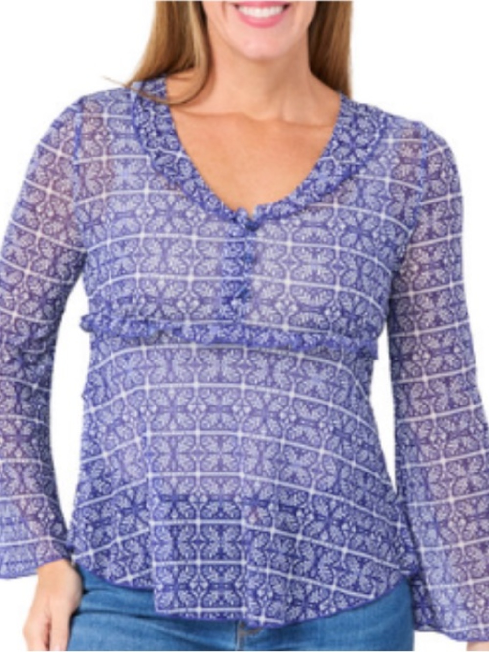 NWT Bunulu Navy Ruffle V-Neck Bell Sleeve Mesh Top Size L